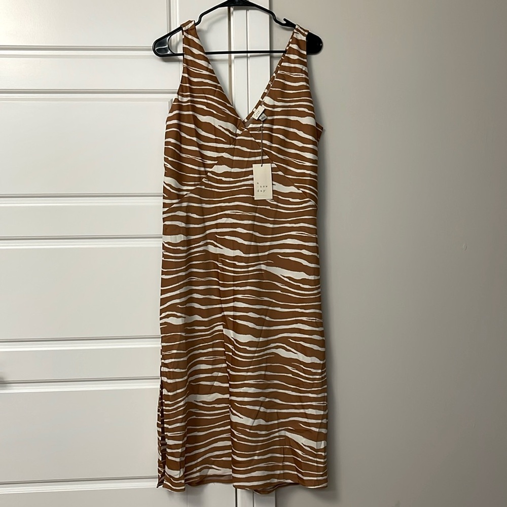 A New Day Zebra Print Brown Tan White Stripes Silk Summer Dress Size L Womens